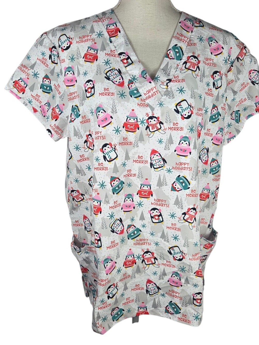Christmas Scrub Top Large NEW V-Neck -Short Sleeve -Double Front Pockets